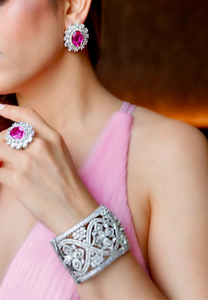 Nouf Pink White Gold Statement Studs Indian Jewelry by Jaipur Rose - Jaipur Rose
