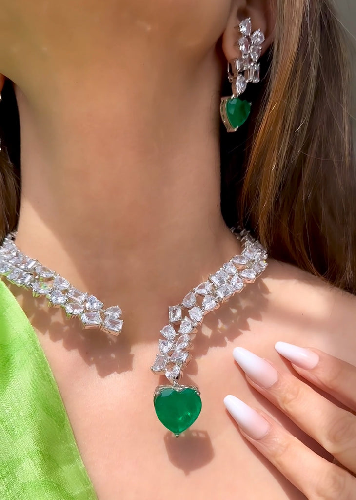 Castella Heart Shaped Emerald Luxury Necklace & Earring Set By Jaipur Rose Luxury Indian Jewelry Online - Jaipur Rose