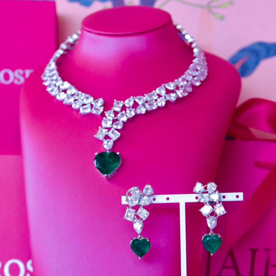 Castella Heart Shaped Emerald Luxury Necklace & Earring Set By Jaipur Rose Luxury Indian Jewelry Online - Jaipur Rose