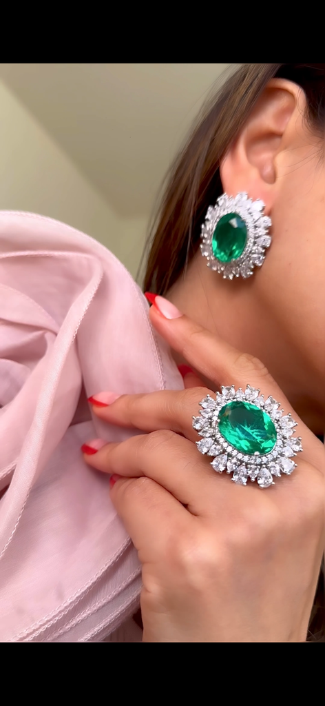 Nouf Emerlad Green White Gold Statement Studs Indian Jewelry by Jaipur Rose - Jaipur Rose