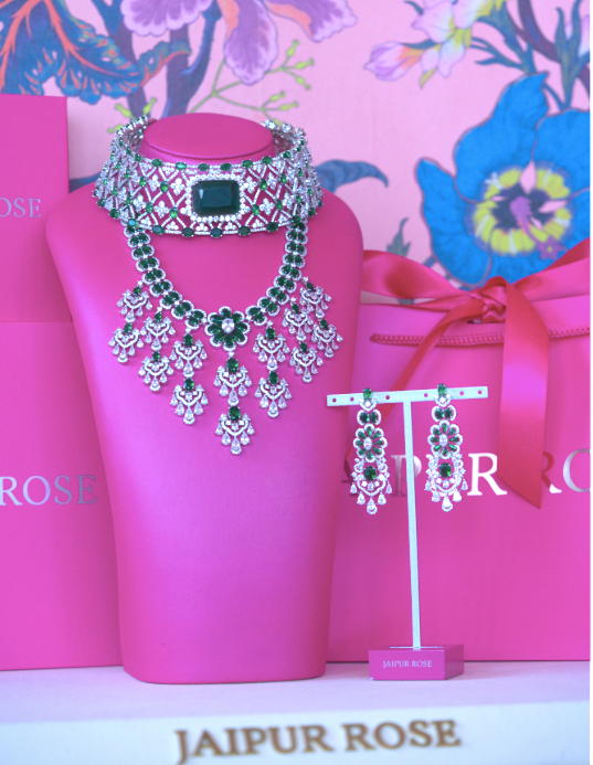 Aklera Emerald Green White Gold Luxury Necklace & Earring Set By Jaipur Rose Luxury Indian Jewelry Onli - Jaipur Rose